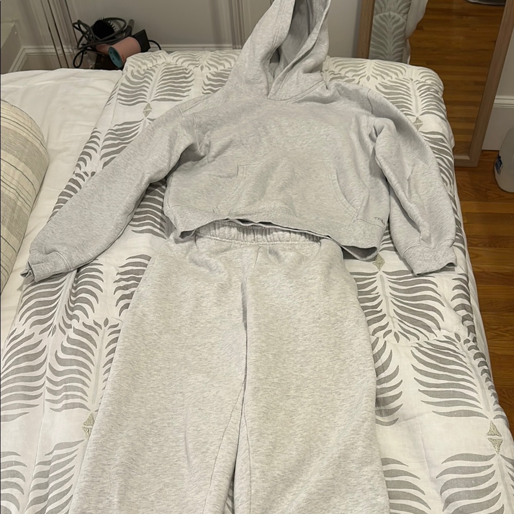 TNA Women’s Light Gray Cropped Hoodie and Sweatpants Set